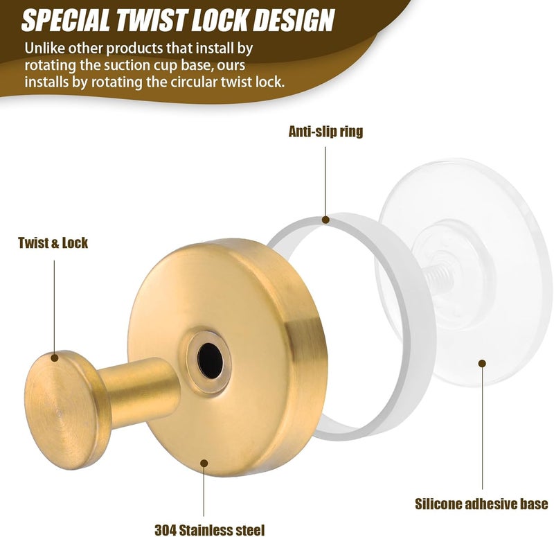 Dntorx Stainless Steel Suction Cup Hooks, 2 Pack Holders for Towels, Loofah, Robe, Coat(Gold) ( experiencia cliente Jem) - Image 3